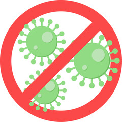 Antibacterial and antiviral protection symbol with a red forbidden sign over green germs, representing hygiene, sanitation, and disease prevention