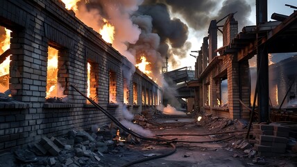 Hyperrealistic Industrial Cityscape with Exploding Factory, Fire and Smoke, Dark Gray Brick Buildings, Chaotic Apocalyptic Scene