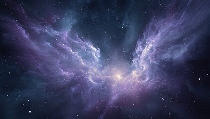 Fototapeta premium A vibrant nebula, purple and blue hues, emanating from a central light source, scattered stars in the dark cosmic background