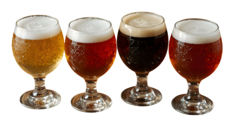 Beer Tasting Flight: A visually captivating quartet of artisanal beers, each exhibiting a unique hue and inviting texture, poised for an engaging tasting experience. 