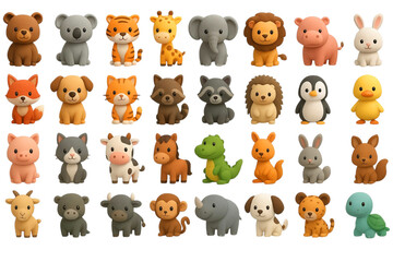 Obraz premium Adorable 3d cartoon collection of various animals including bear, tiger, giraffe, elephant, lion, fox, dog, cat, raccoon, hedgehog, penguin, duck, pig, cow, horse, dinosaur, kangaroo, rabbit, monkey, 