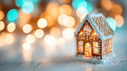 Naklejka premium Gingerbread house decorated for festive season with warm, glowing lights