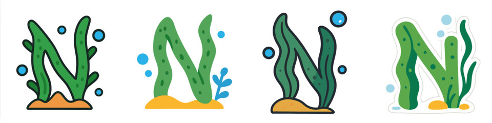 Green seaweed and bubbles underwater scene, Minimalist flat design