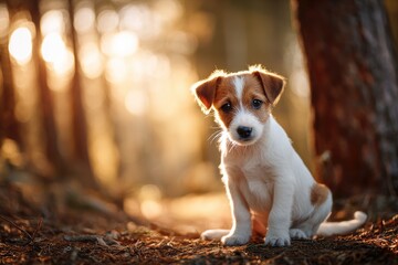 A small, tan-and-white puppy sits in a sun-dappled forest, its gaze directed toward the viewer.  Golden light filters through the trees behind it