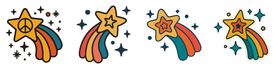 Retro Shooting Stars with Peace Symbol and Rainbow Trails