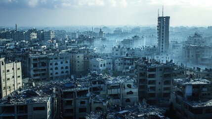 A desolate urban landscape filled with destroyed buildings, shrouded in mist, conveying a sense of abandonment and devastation.