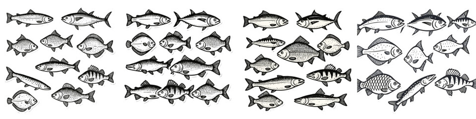 Assortment of Fish Species in Black and White, Minimalist flat design