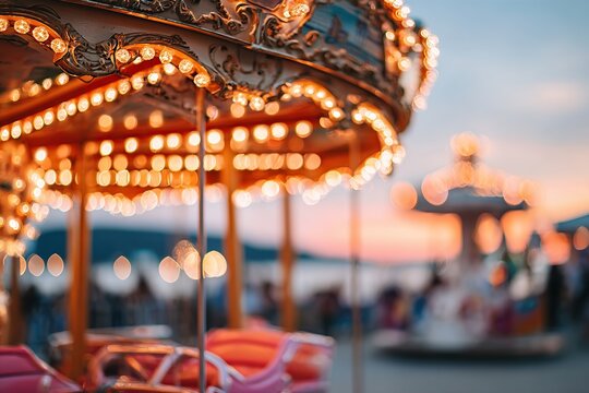 Colorful fairground carousel at sunset with glowing lights and joyful atmosphere
