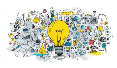 A large lightbulb dominates a chaotic, hand-drawn sketch encompassing diverse business concepts, data visualizations, and creative symbols, suggesting brainstorming and innovative problem-solving