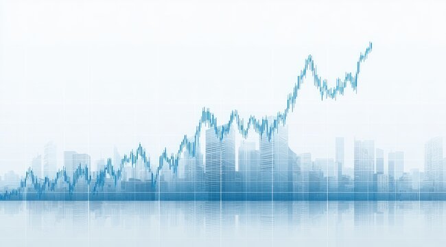 Chart of rising stock market over cityscape