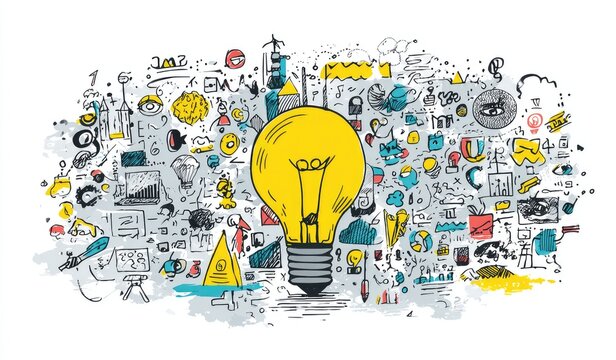 A large lightbulb dominates a chaotic, hand-drawn sketch encompassing diverse business concepts, data visualizations, and creative symbols, suggesting brainstorming and innovative problem-solving