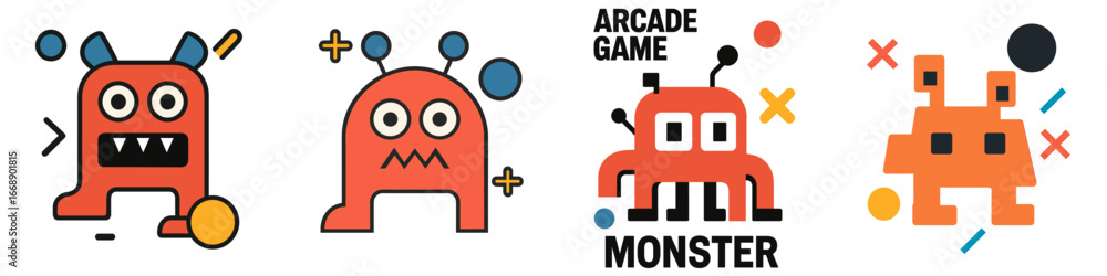 Poster retro arcade monsters and game elements, minimalist flat design