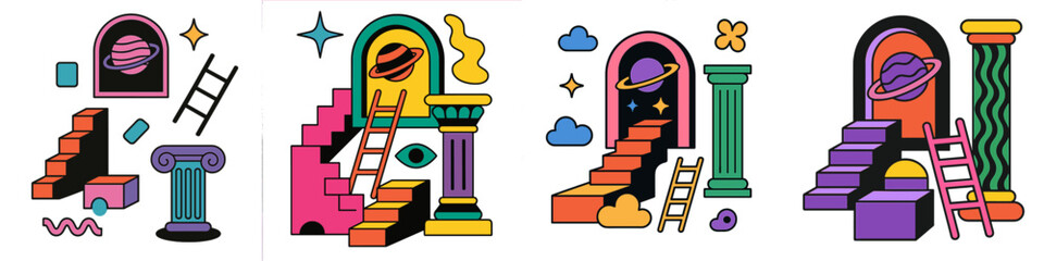 Abstract geometric shapes with planets and stairs © icon_art