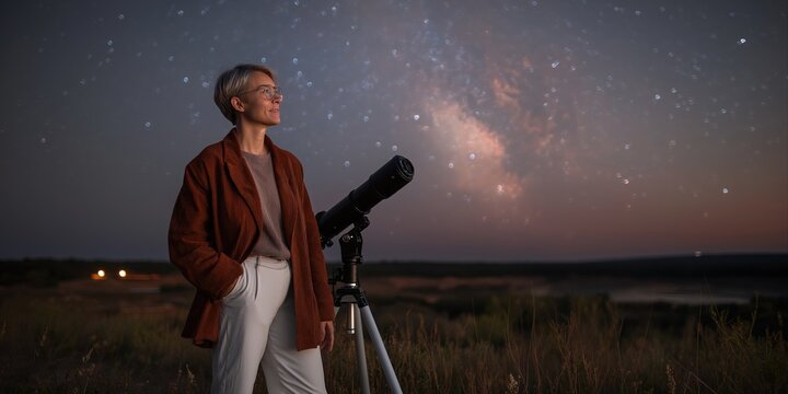 Female astronomer stargazing with telescope under night sky