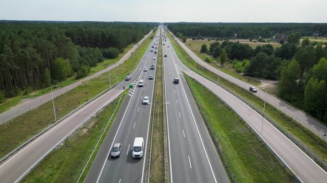 Drone view of Express road S8 in Wyszkow County, Masovia region of Poland