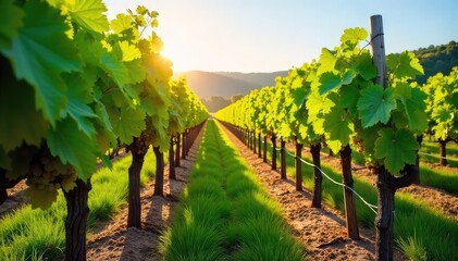Sun-Drenched Grapevines in Picturesque Autumn Vineyard Lush Green Leaves and Ripening Fruit