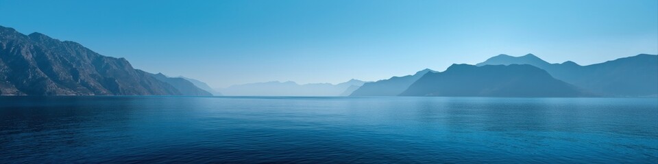 Serene panoramic view of calm blue lake and majestic mountains on a clear day