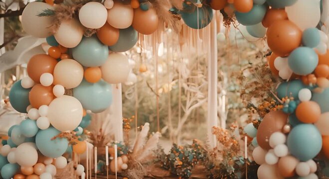Blue and Beige Balloons Decorated Archway with Feathery Accents