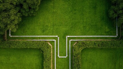 An aerial view of green lawns intersected by gray pipes, showcasing a unique landscape design and vibrant foliage.