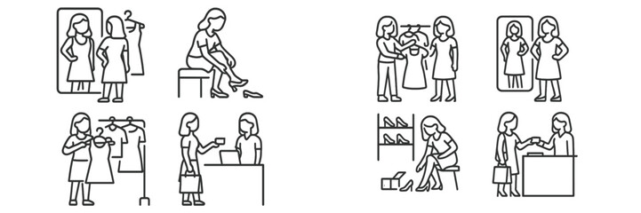 Women Shopping and Trying on Clothes, Minimalist flat design