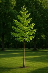 Obraz premium Young sunlit tree in lush green park landscape with dense forest in background