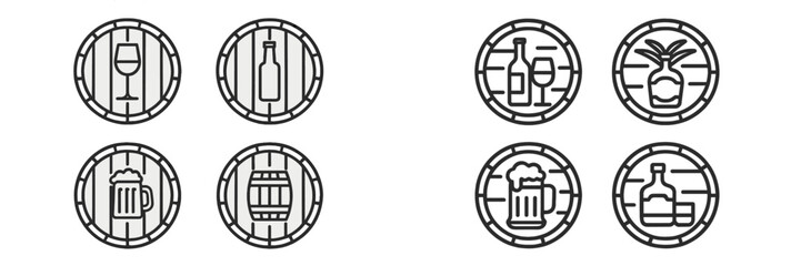 Alcoholic Drinks and Barrels Icons Set, Minimalist flat design