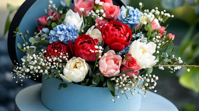 Blooming floral arrangement in blue hatbox showcasing roses, babysbreath, and hydrangeas in a lush green environment