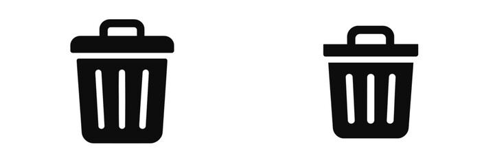 Black Trash Can Icons, Minimalist flat design, isolated on white