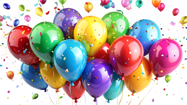 A vibrant bunch of colorful balloons and confetti isolated on transparent background, perfect for party, celebration, and festive designs