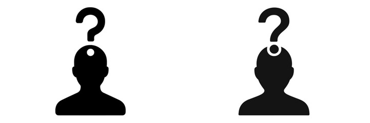 Person silhouette with question mark overhead, Minimalist flat design