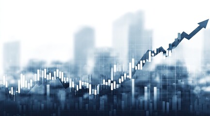 Abstract cityscape backdrop with overlaid upward trending stock market graph showing growth and financial success