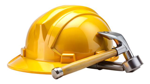 Yellow hard hat and hammer isolated on transparent background, symbolizing safety and protection in construction and industrial environments, ensuring worker wellbeing