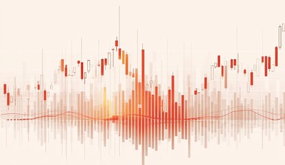 Abstract financial chart with red and orange candlestick and bar graphs on a light beige background, showing fluctuating market data with a subtle wave line at the bottom