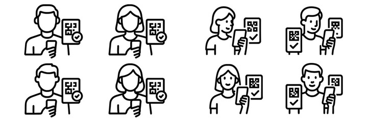 People with smartphones showing QR codes and checkmarks