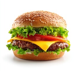 Juicy cheeseburger on sesame seed bun, layered with lettuce, tomato, and melted cheese