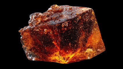 Amber-hued, translucent cube with internal air bubbles and crystalline structures, isolated on black