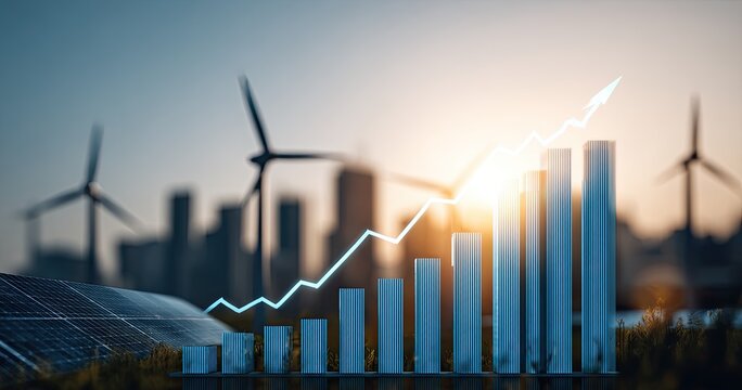 Upward trending graph juxtaposed with solar panels and wind turbines against a cityscape at sunrise, symbolizing renewable energy growth