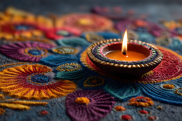Diya lamp on top of colorful rangoli