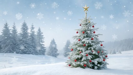 Photo of a snowcovered christmas tree adorned with red ornaments and a golden star topper, stands in a serene winter landscape with snow falling and a forest of pine trees in the background
