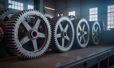 Industrial gears, close-up.  Rows of large metal gears on a factory floor