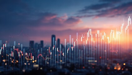 City skyline overlaid with financial charts at sunset