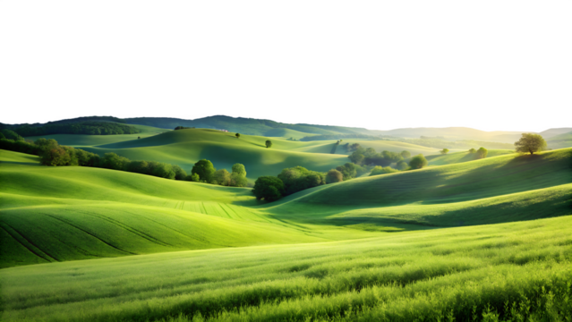 Rolling green hills and fields in a peaceful countryside landscape, a scenic view isolated on transparent background
