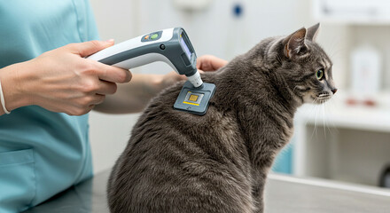 Microchip Scanner Reading Tabby Cat in Vet Clinic