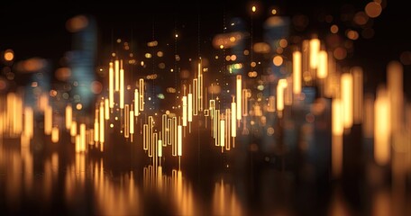 Abstract cityscape at night, glowing gold and blue candlestick charts reflecting on a dark surface, bokeh effect