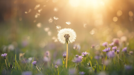 The image captures a dreamy dandelion in a meadow, surrounded by purple flowers and a magical atmosphere, with soft focus, pastel tones, and sunlight.