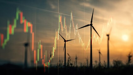 Wind turbines overlaid with stock market charts at sunset