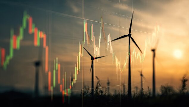 Wind turbines overlaid with stock market charts at sunset