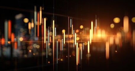 Abstract financial data visualization with glowing orange and white vertical bars against a dark city bokeh background