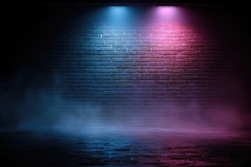 Brick wall backdrop illuminated by blue and pink neon lights, with hazy, smoky atmosphere at the bottom