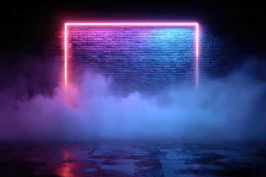 A vibrant pink and blue neon square frame glows against a dark brick wall, partially obscured by low-lying fog reflecting on a wet floor